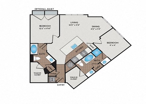 Floor plan for 2 beds, 2 baths, 1124 sqft